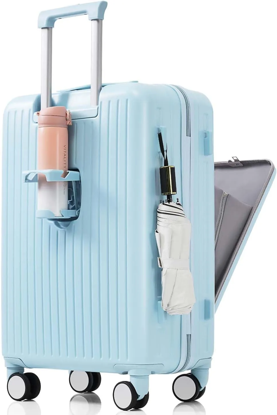 2 Piece Carry On Luggage Set for Women, 20 Inch Hard Shell Suitcase with Laptop Compartment, Cup Holder, Front Pocket, USB Charging Port, Tote (Light Blue)