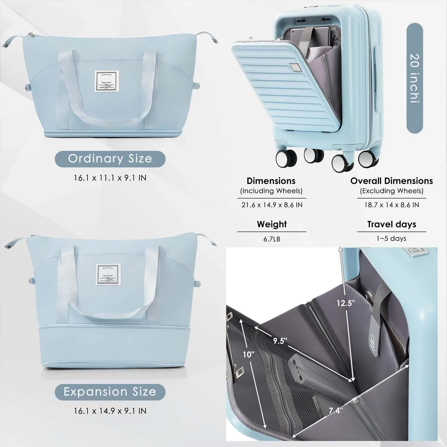 2 Piece Carry On Luggage Set for Women, 20 Inch Hard Shell Suitcase with Laptop Compartment, Cup Holder, Front Pocket, USB Charging Port, Tote (Light Blue)