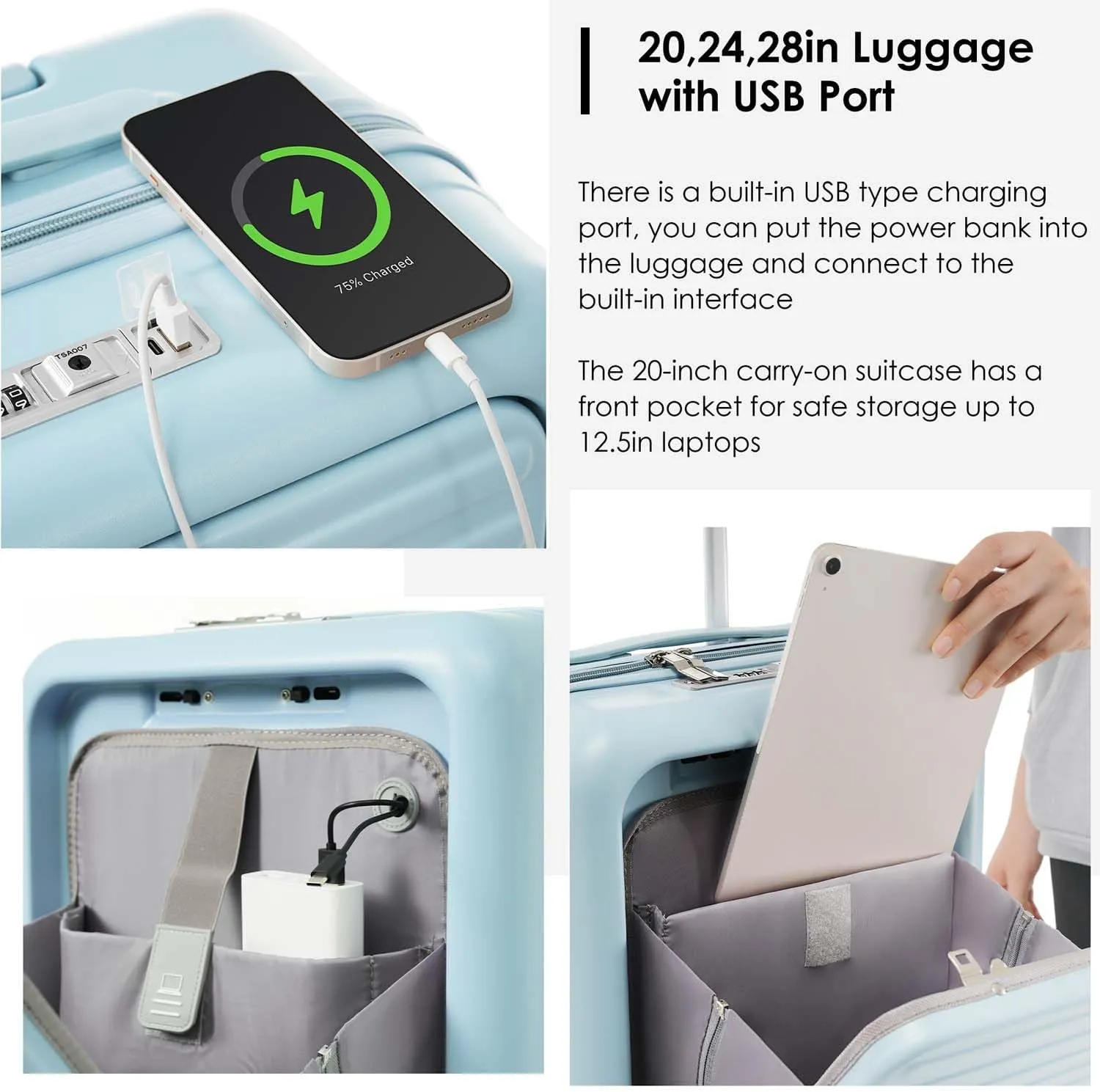 2 Piece Carry On Luggage Set for Women, 20 Inch Hard Shell Suitcase with Laptop Compartment, Cup Holder, Front Pocket, USB Charging Port, Tote (Light Blue)
