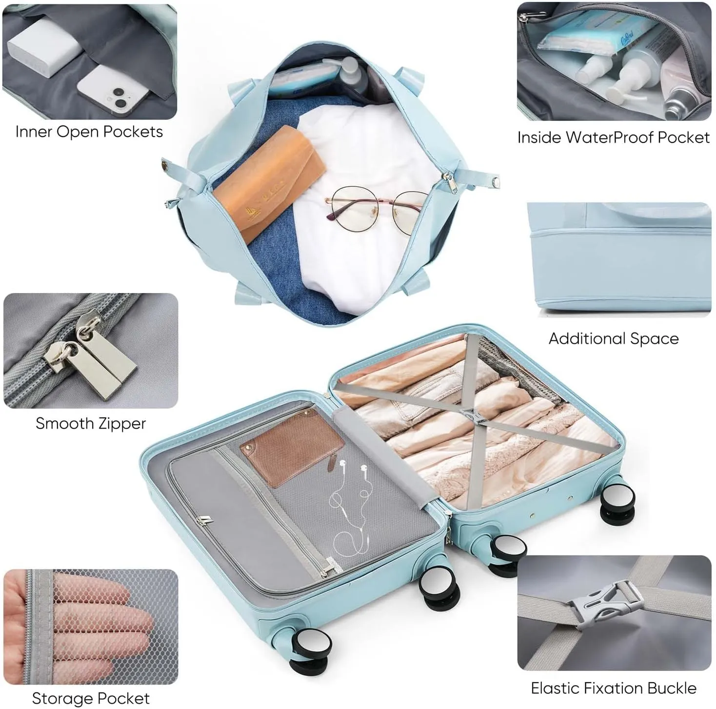 2 Piece Carry On Luggage Set for Women, 20 Inch Hard Shell Suitcase with Laptop Compartment, Cup Holder, Front Pocket, USB Charging Port, Tote (Light Blue)