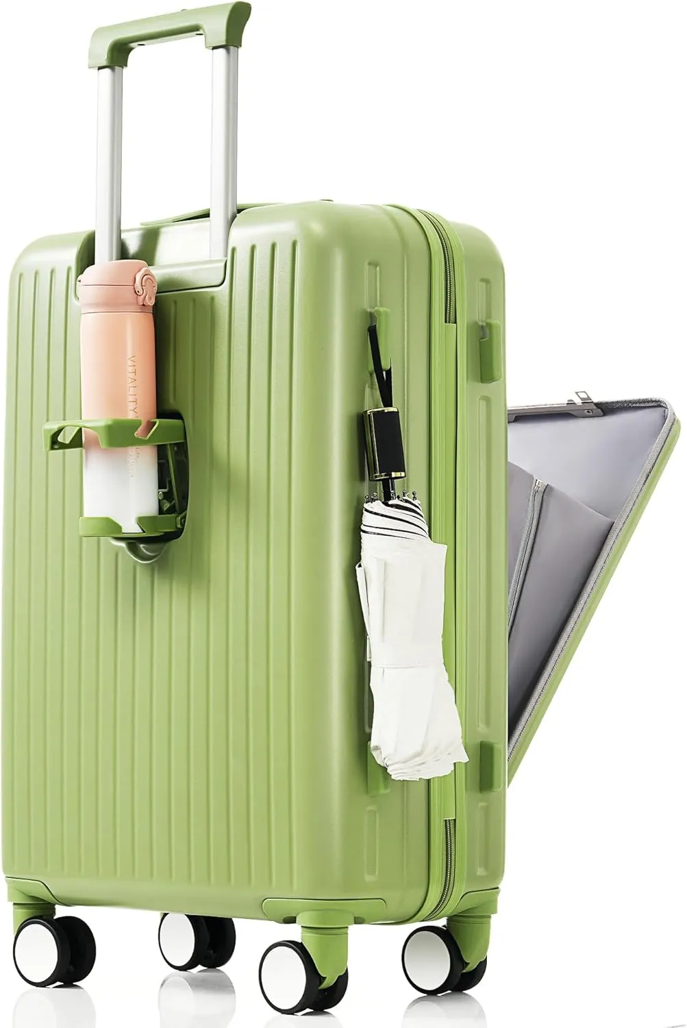 2 Piece Carry On Luggage Set for Women, 20 Inch Hard Shell Suitcase with Laptop Compartment, Cup Holder, USB Charging Port, Tote (Light Green)