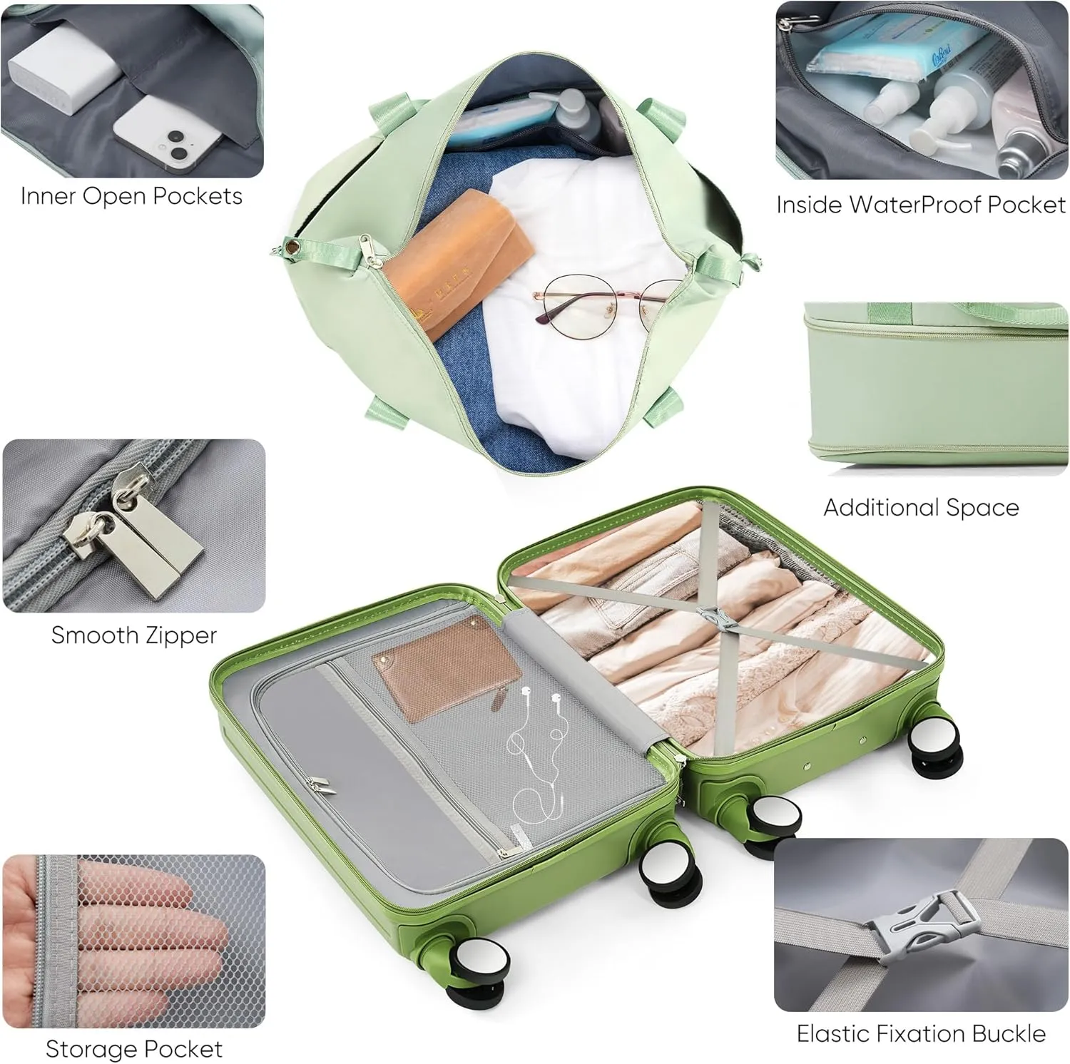 2 Piece Carry On Luggage Set for Women, 20 Inch Hard Shell Suitcase with Laptop Compartment, Cup Holder, USB Charging Port, Tote (Light Green)
