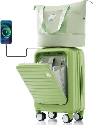 2 Piece Carry On Luggage Set for Women, 20 Inch Hard Shell Suitcase with Laptop Compartment, Cup Holder, USB Charging Port, Tote (Light Green)