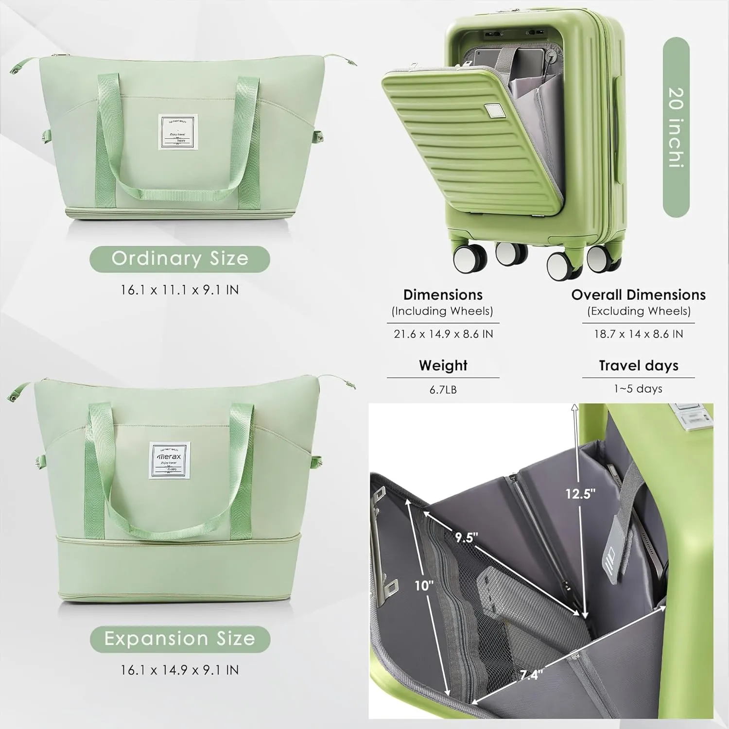 2 Piece Carry On Luggage Set for Women, 20 Inch Hard Shell Suitcase with Laptop Compartment, Cup Holder, USB Charging Port, Tote (Light Green)