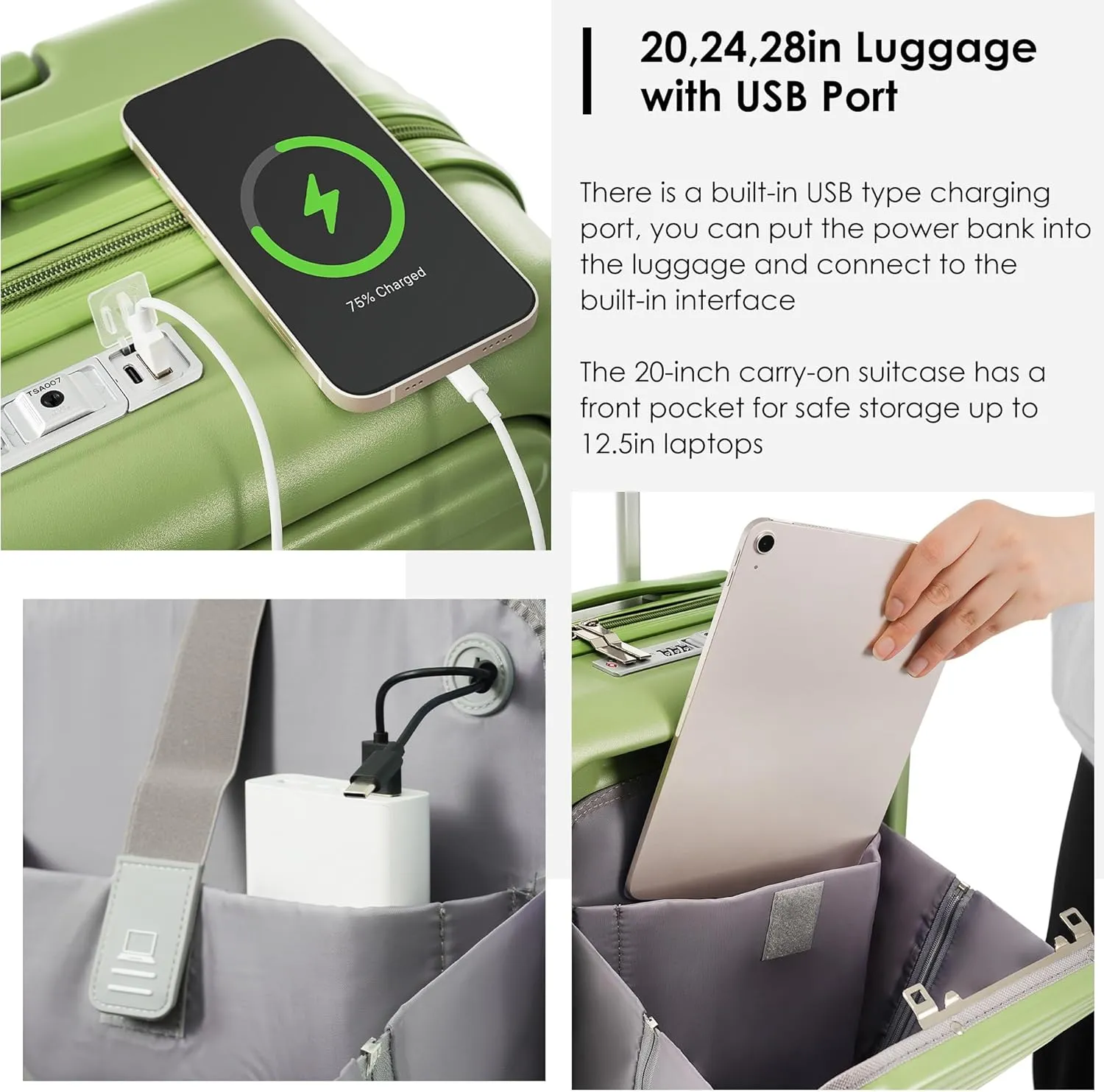 2 Piece Carry On Luggage Set for Women, 20 Inch Hard Shell Suitcase with Laptop Compartment, Cup Holder, USB Charging Port, Tote (Light Green)