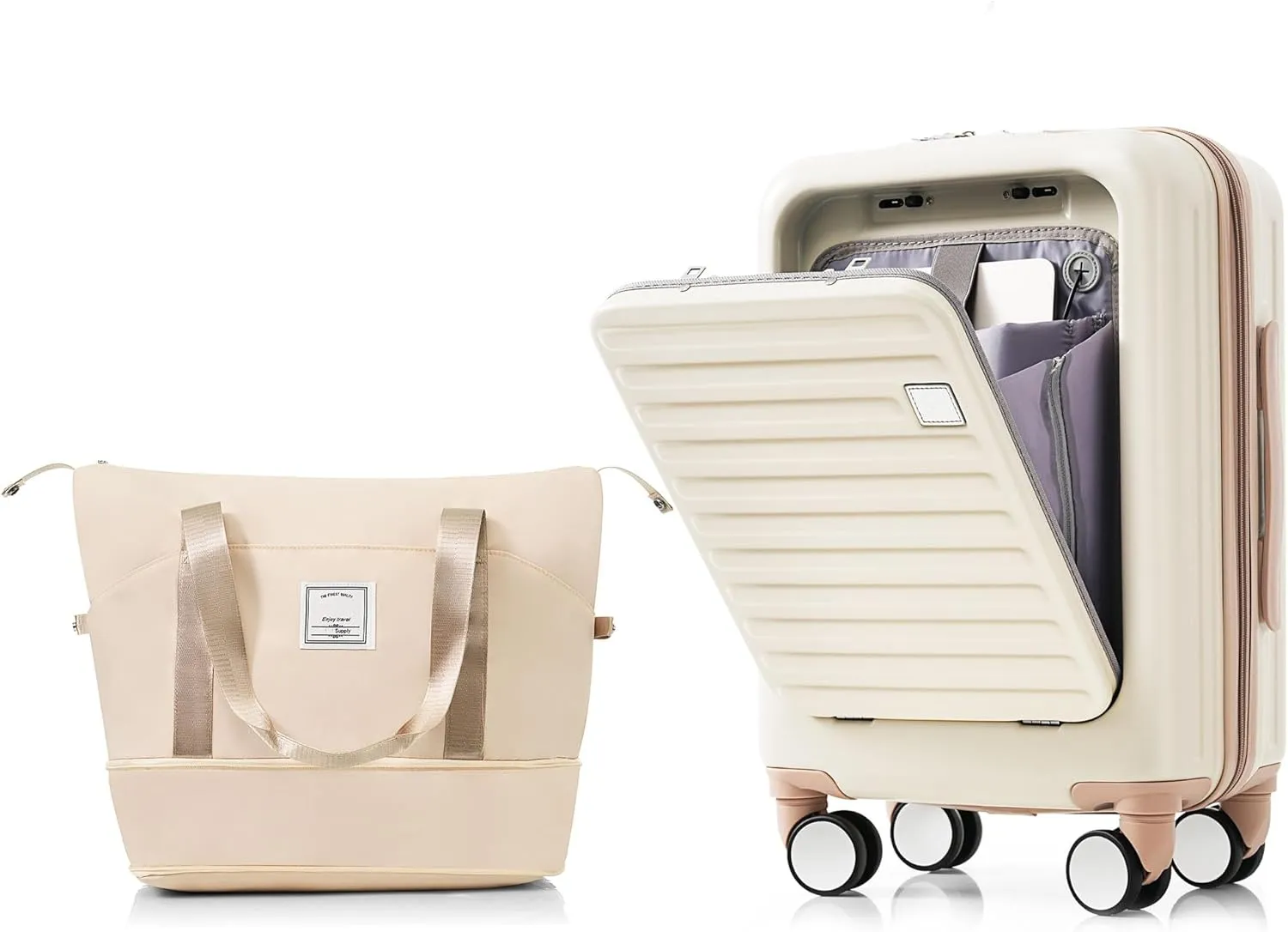 20-Inch Carry-On Luggage and Travel Bag Set, Expandable, with USB Port and Cup Holder, Durable ABS Hard Shell, Ivory and Golden