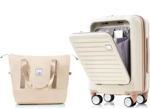 20-Inch Carry-On Luggage with Expandable Travel Bag Set, ABS Hard Shell, USB Port and Cup Holder, Ivory and Golden