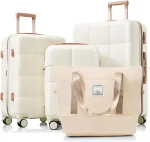 20" Expandable ABS Durable Suitcase with USB Port, Travel Bag, Cup Holder, ABS Hard Shell Luggage with Spinner Wheels, 4 Piece Luggage Set, Beige