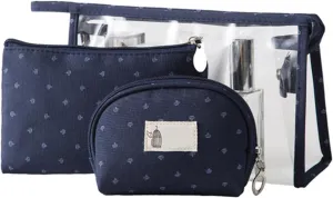 3 Pcs Makeup Bag Multifunction Portable Clear Pvc Travel Cosmetic Toiletry Organizer Bag Pouch for Women Girl (Navy Blue)