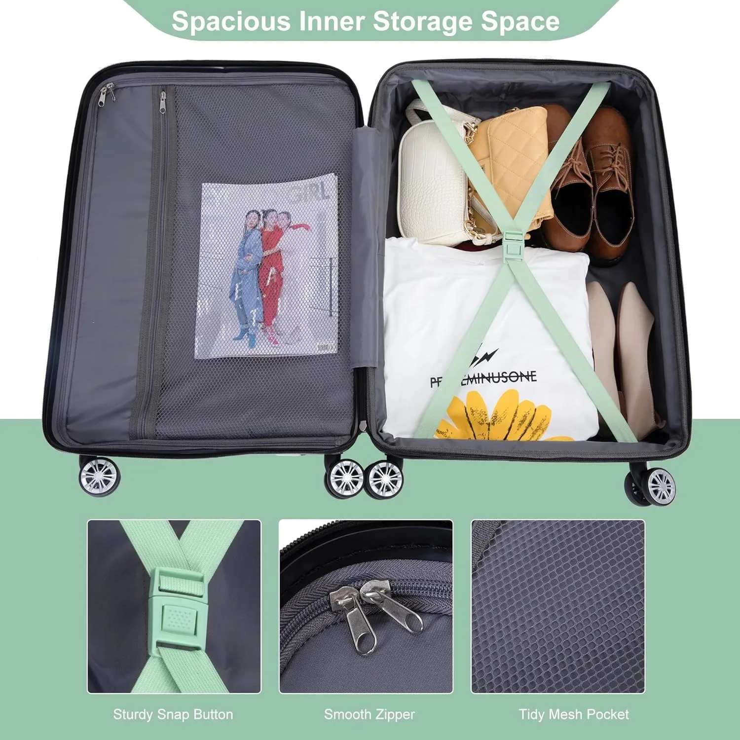 3-Piece Luggage Set (21", 25", 29"), Durable & Lightweight Expandable Suitcase with 360 Double Spinner Wheels, Two Hooks and TSA Lock, Carry-On & Checked Travel Gear Set (Light Green)