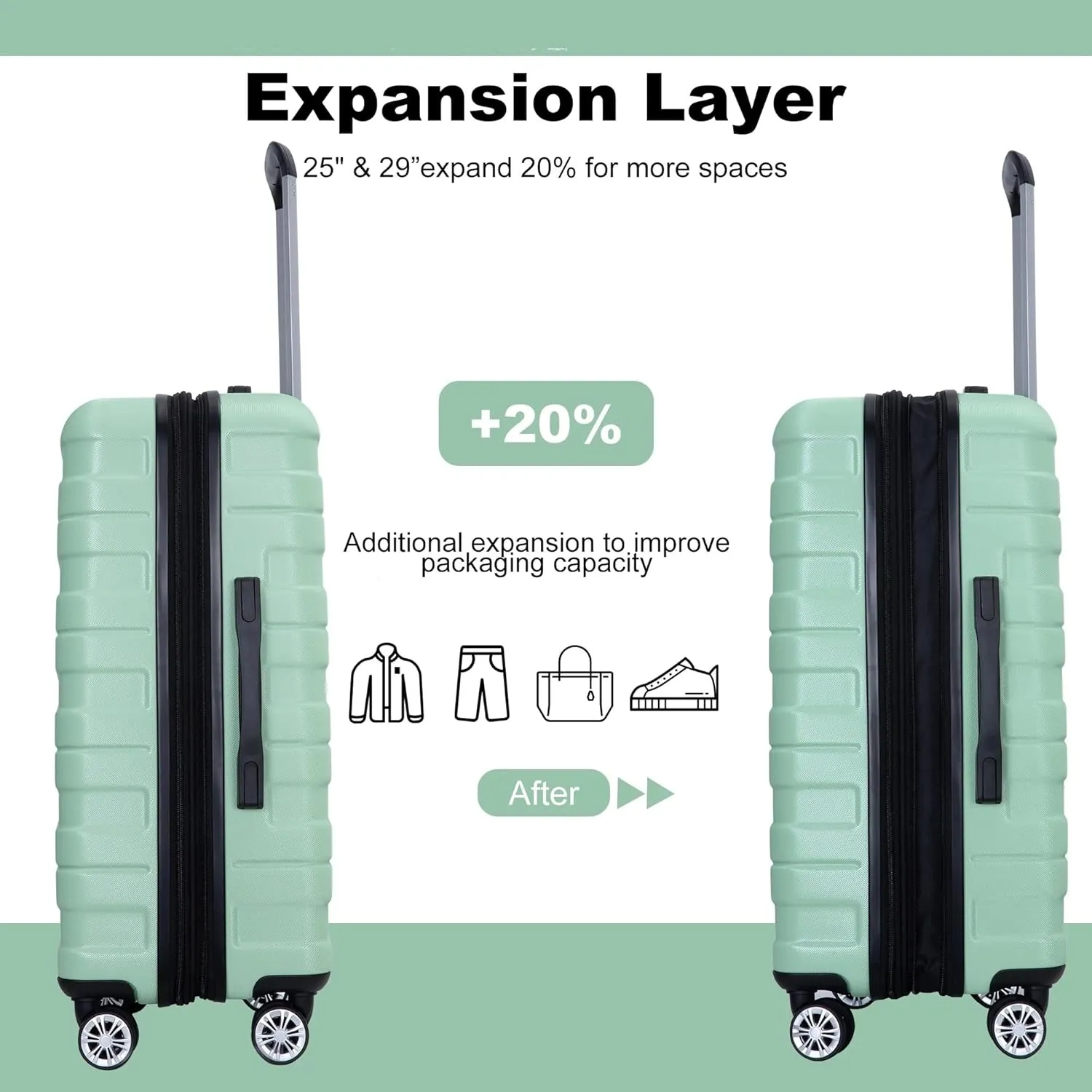 3-Piece Luggage Set (21", 25", 29"), Durable & Lightweight Expandable Suitcase with 360 Double Spinner Wheels, Two Hooks and TSA Lock, Carry-On & Checked Travel Gear Set (Light Green)