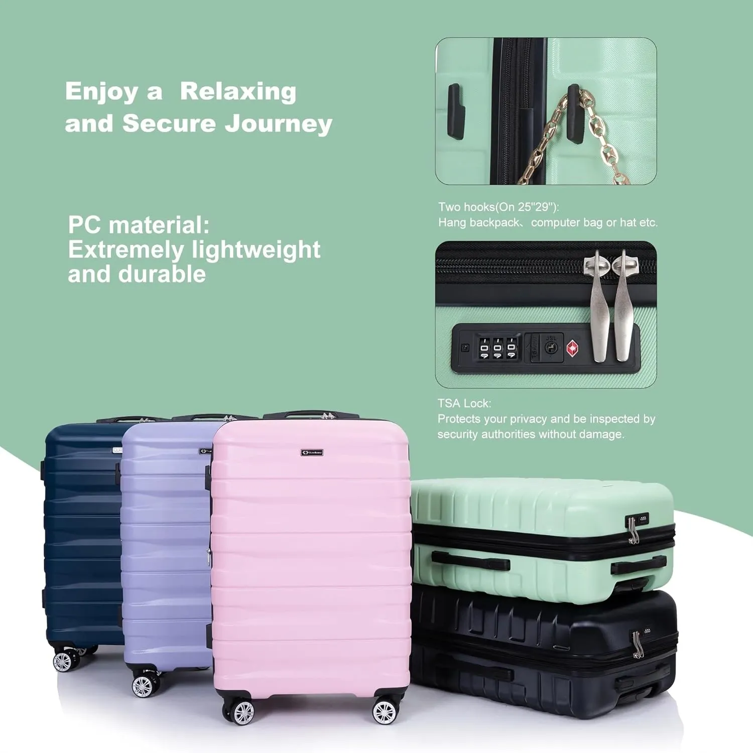 3-Piece Luggage Set (21", 25", 29"), Durable & Lightweight Expandable Suitcase with 360 Double Spinner Wheels, Two Hooks and TSA Lock, Carry-On & Checked Travel Gear Set (Light Green)