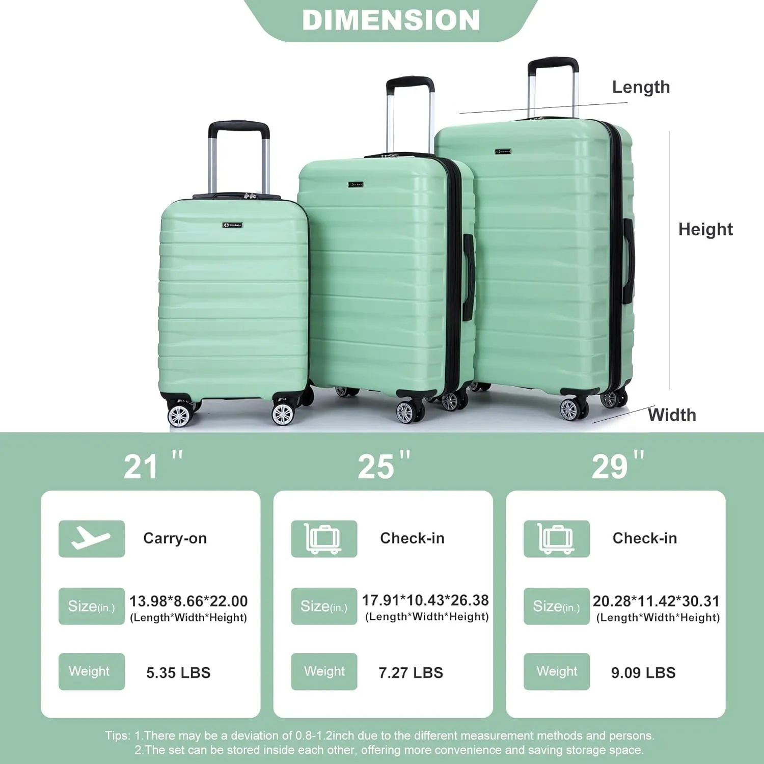 3-Piece Luggage Set (21", 25", 29"), Durable & Lightweight Expandable Suitcase with 360 Double Spinner Wheels, Two Hooks and TSA Lock, Carry-On & Checked Travel Gear Set (Light Green)