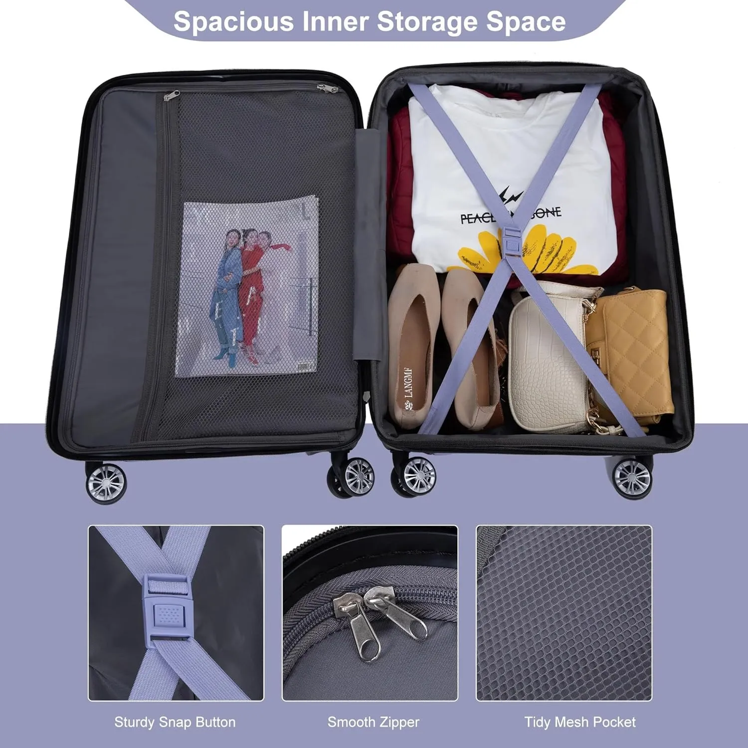 3-Piece Luggage Set (21", 25", 29"), Durable & Lightweight Expandable Suitcase with 360 Double Spinner Wheels, Two Hooks and TSA Lock, Carry-On & Checked Travel Gear Set (Light Purple)