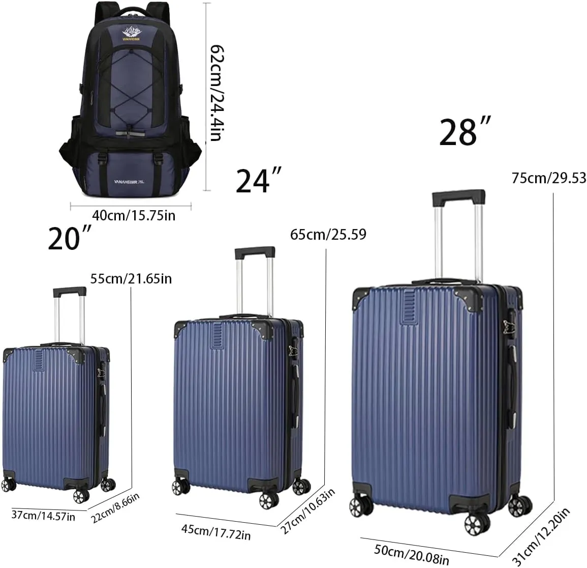 3-Piece Luggage Sets, Hard Shell Suitcases with Spinner Wheels, Lightweight Hard Shell Travel Suitcase Set with Hiking Bag and TSA Lock for Both Long-Distance and Short Distance Travel (Blue)