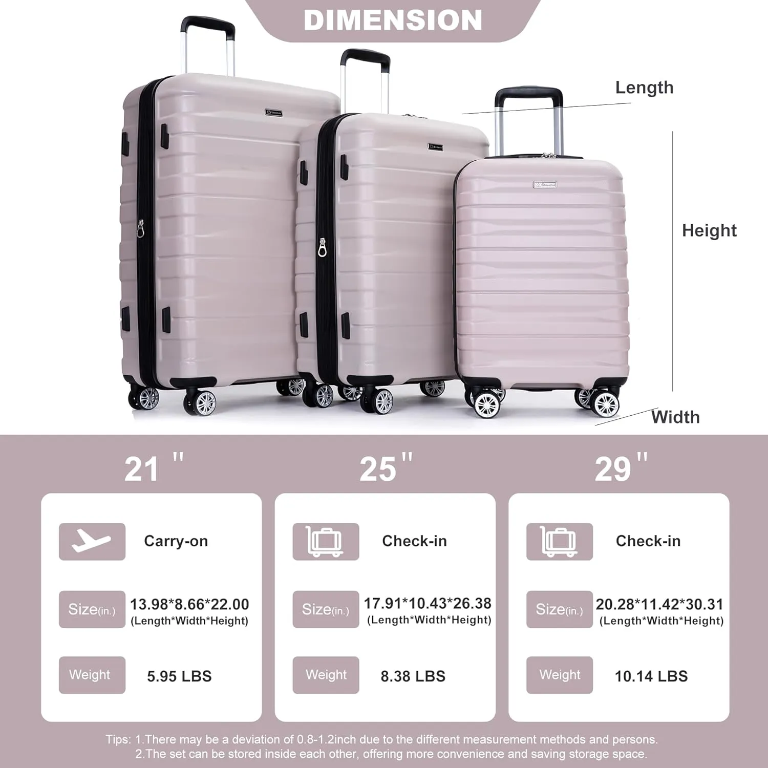 3 Piece Luggage Sets PC Lightweight & Durable Expandable Suitcase with Two Hooks, Double Spinner Wheels, TSA Lock, (21/25/29) Light Pink