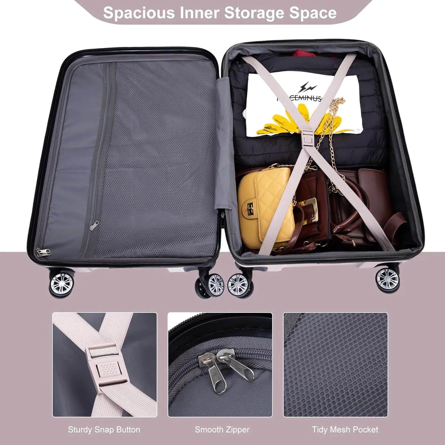 3 Piece Luggage Sets PC Lightweight & Durable Expandable Suitcase with Two Hooks, Double Spinner Wheels, TSA Lock, (21/25/29) Light Pink