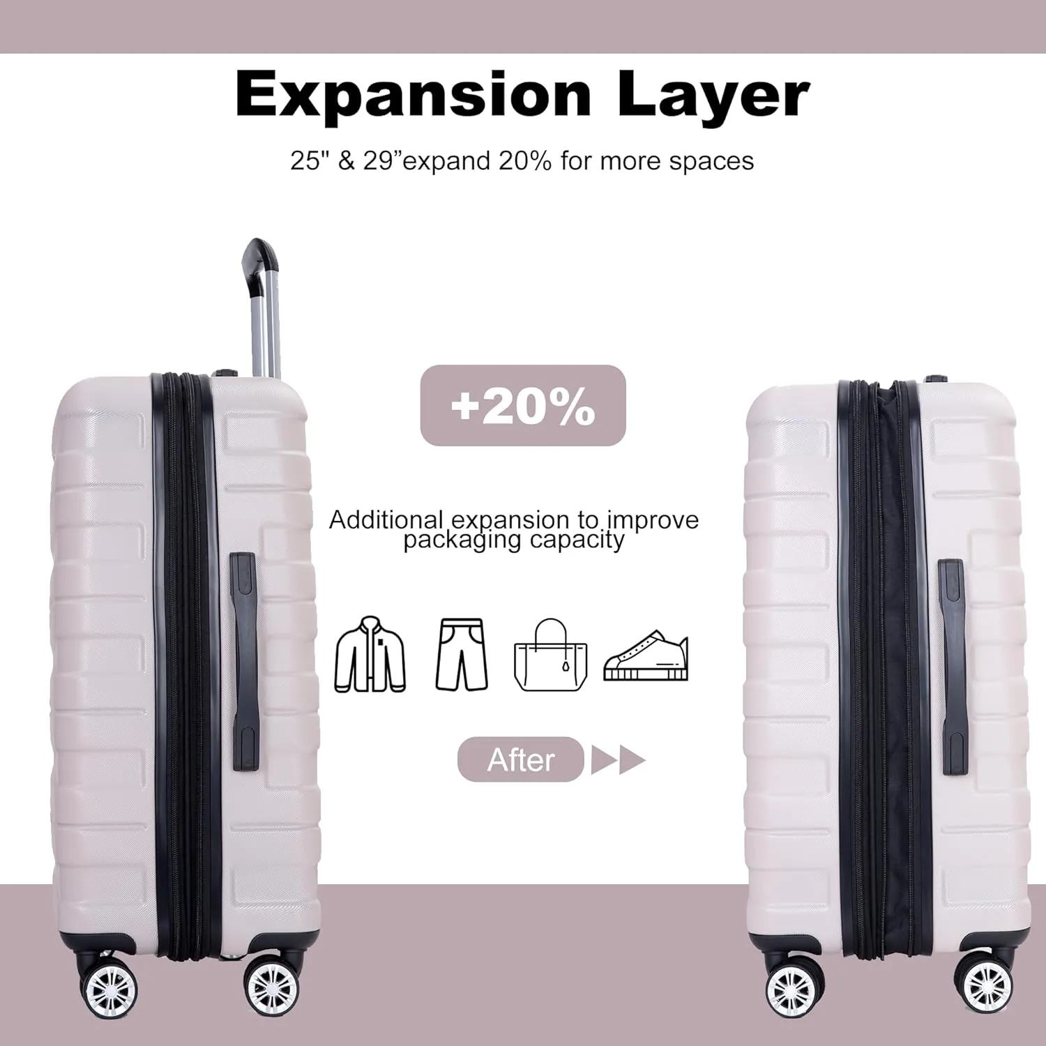 3 Piece Luggage Sets PC Lightweight & Durable Expandable Suitcase with Two Hooks, Double Spinner Wheels, TSA Lock, (21/25/29) Light Pink