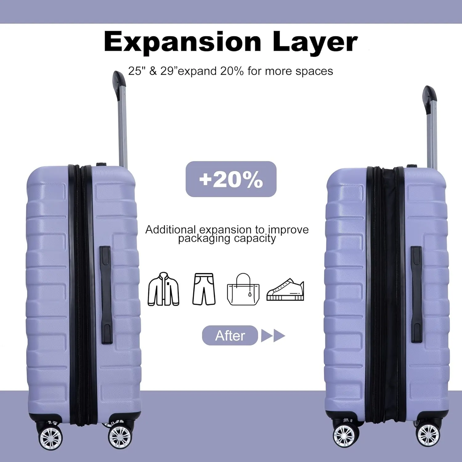 3 Piece Luggage Sets PC Lightweight & Durable Expandable Suitcase with Two Hooks, Double Spinner Wheels, TSA Lock, (21/25/29) Light Purple