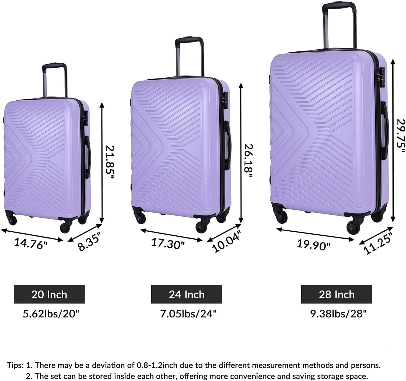 3 Piece Luggage Set,Travel Suitcase&Hard Shell Suitcases&Rolling Suitcase,Hardshell Luggage Sets with Spinner Wheels,Two Hooks,TSA Lock,Adjustable Pull Rod,Small&Lardge, ABS (20/24/28) (Light Purple)