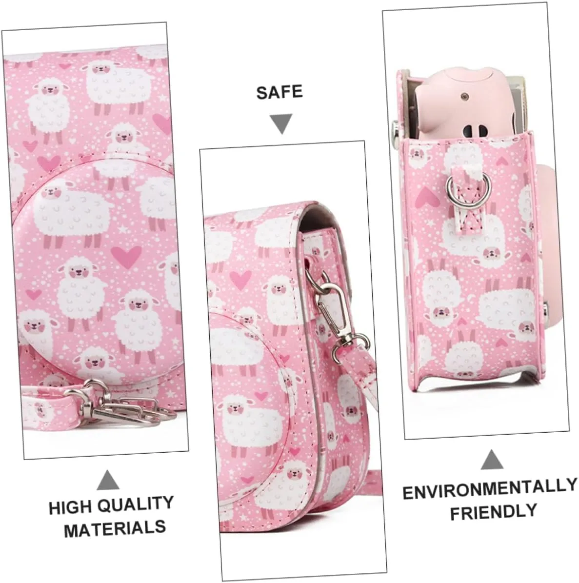 3pcs Shoulder Camera Detachable Bag Adjustable Pu Strap Protective with Leather Compatible for mini, Pink, 12.5X6.5X14CM