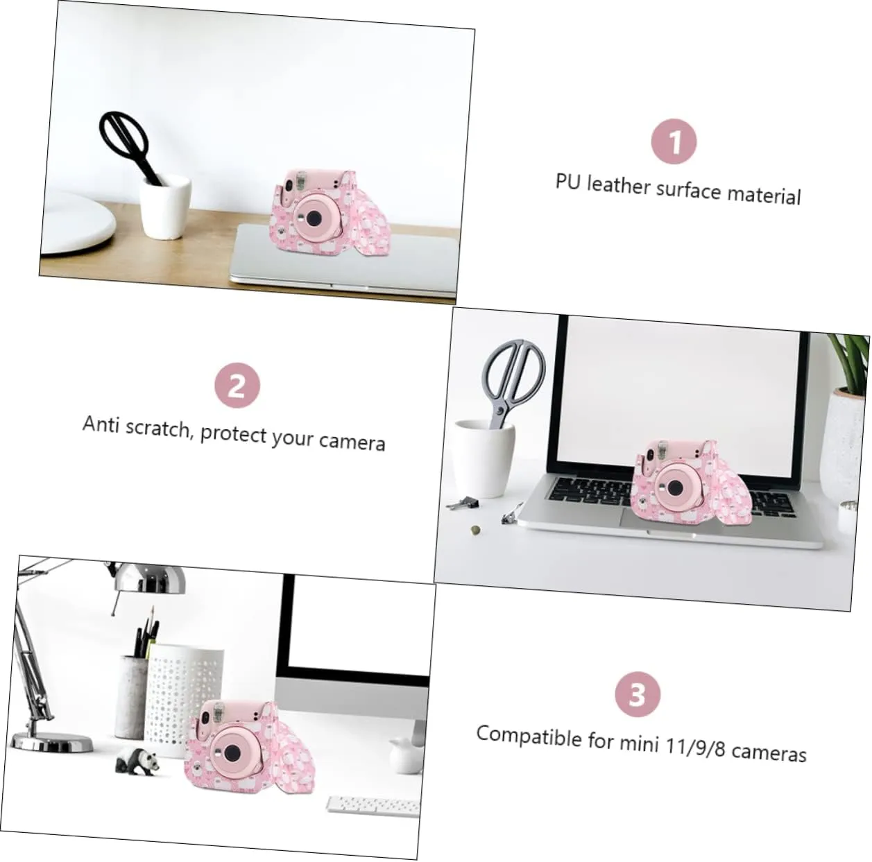3pcs Shoulder Camera Detachable Bag Adjustable Pu Strap Protective with Leather Compatible for mini, Pink, 12.5X6.5X14CM