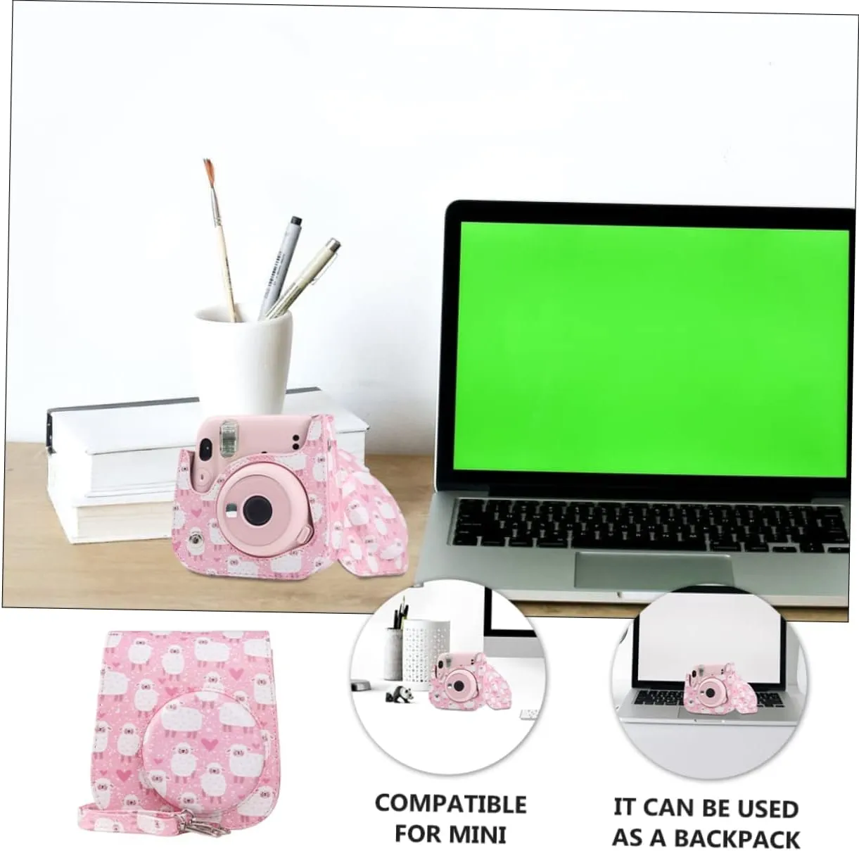 3pcs Shoulder Camera Detachable Bag Adjustable Pu Strap Protective with Leather Compatible for mini, Pink, 12.5X6.5X14CM