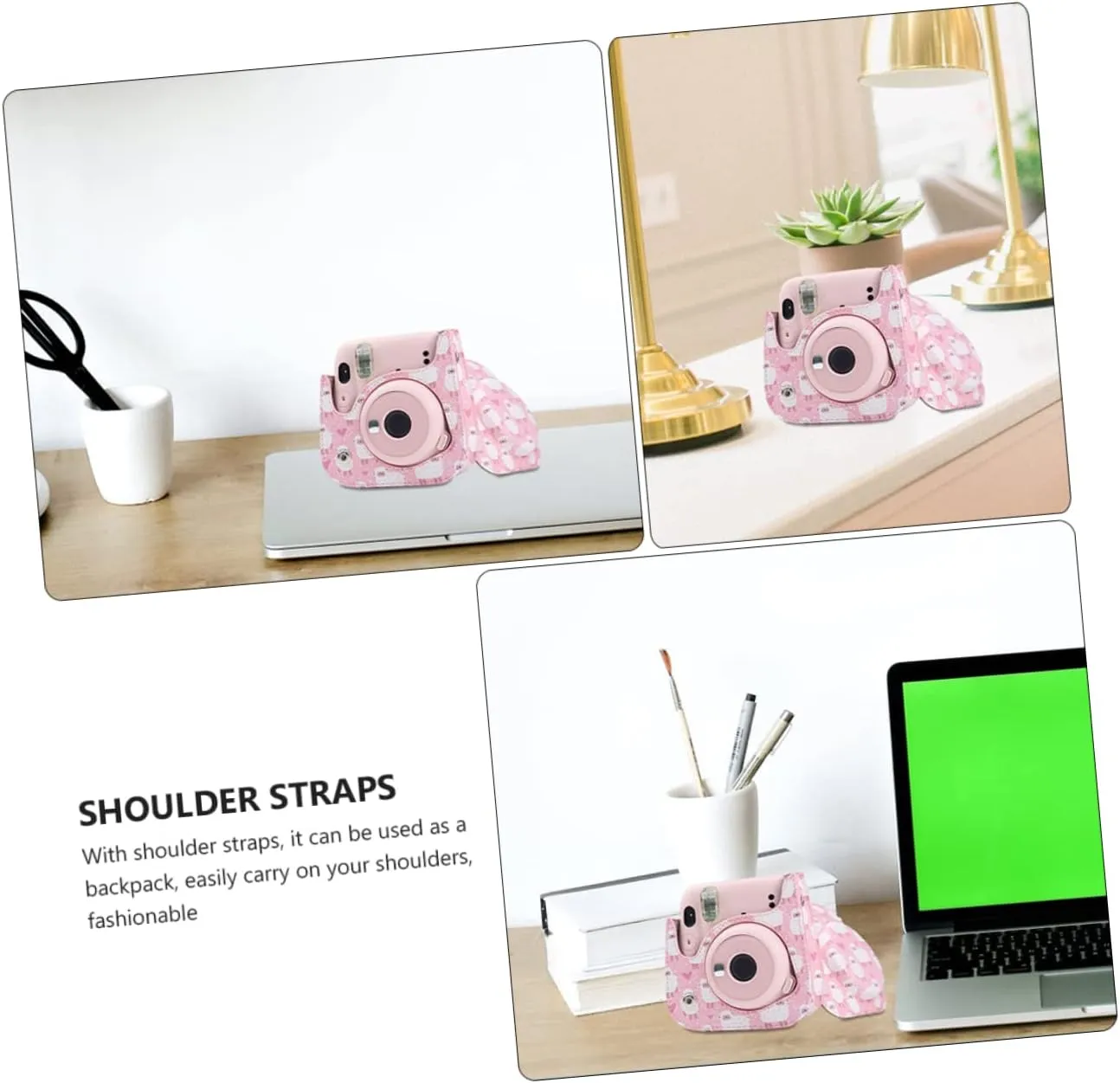 3pcs Shoulder Camera Detachable Bag Adjustable Pu Strap Protective with Leather Compatible for mini, Pink, 12.5X6.5X14CM