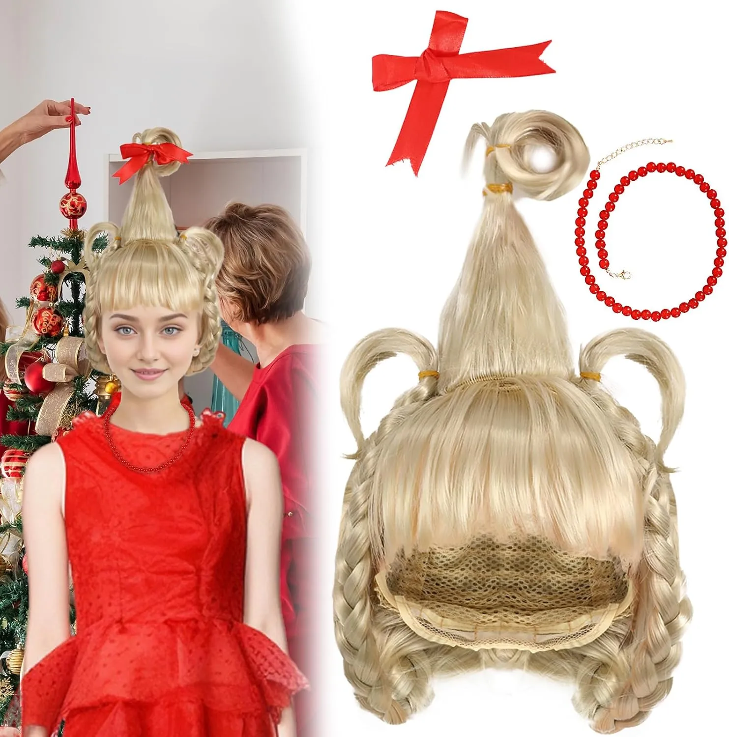 4Pcs Cindy Lou Who Robe Hooded Cloak Wig Necklace Bow Christmas Mrs Santa Claus Velvet Cape Costume Adults Kids