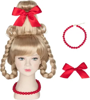 4Pcs Cindy Lou Who Robe Hooded Cloak Wig Necklace Bow Christmas Mrs Santa Claus Velvet Cape Costume Adults Kids