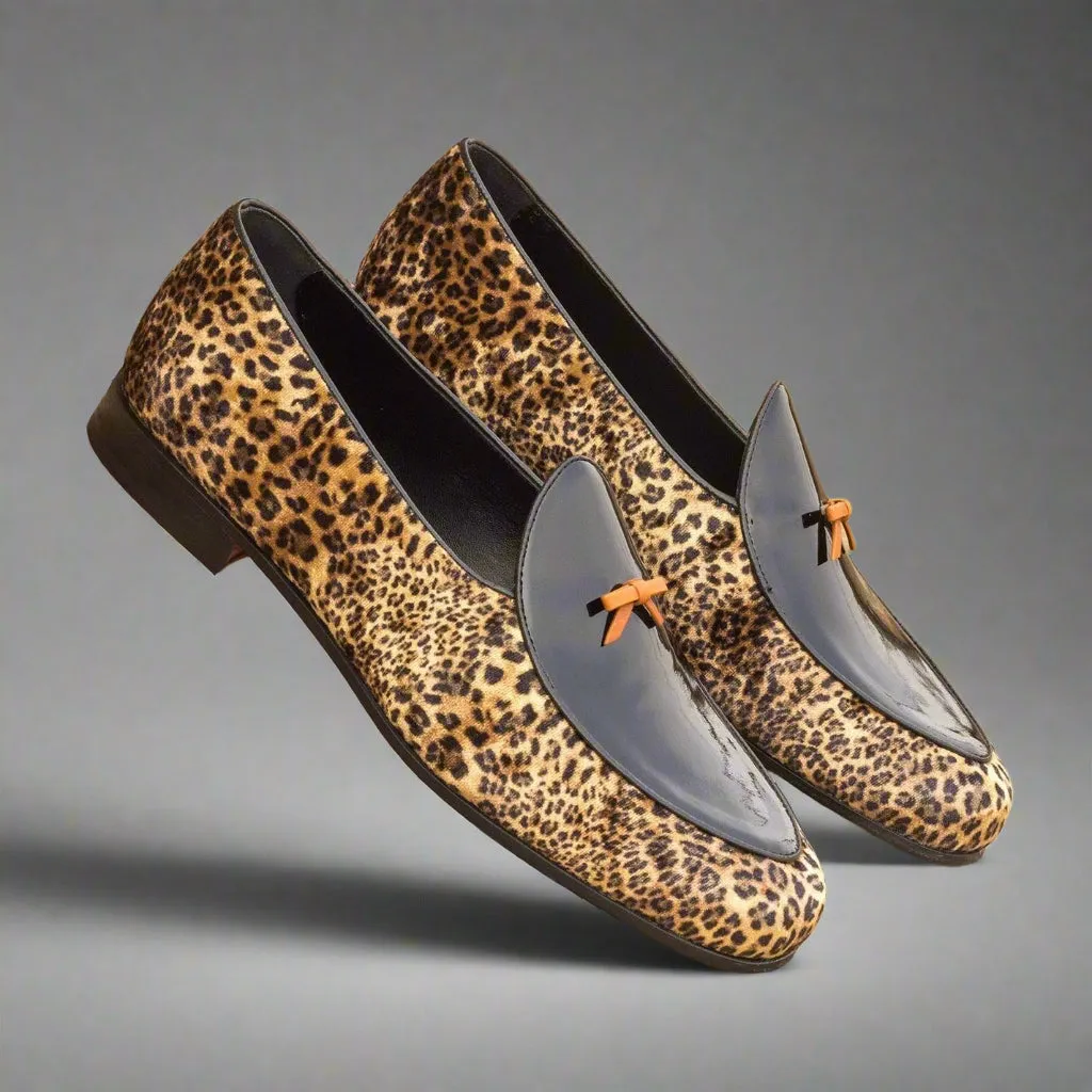 Ambrogio Bespoke Custom Men's Shoes Black & Yellow Leopard Sartorial / Patent Leather Belgian Loafers (AMB2232)