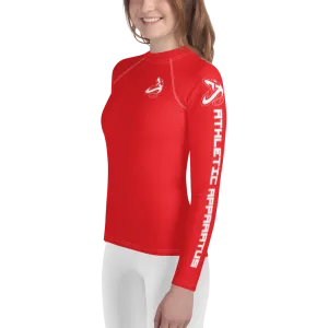 Athletic Apparatus Red 1 White logo White stitch Youth Rash Guard
