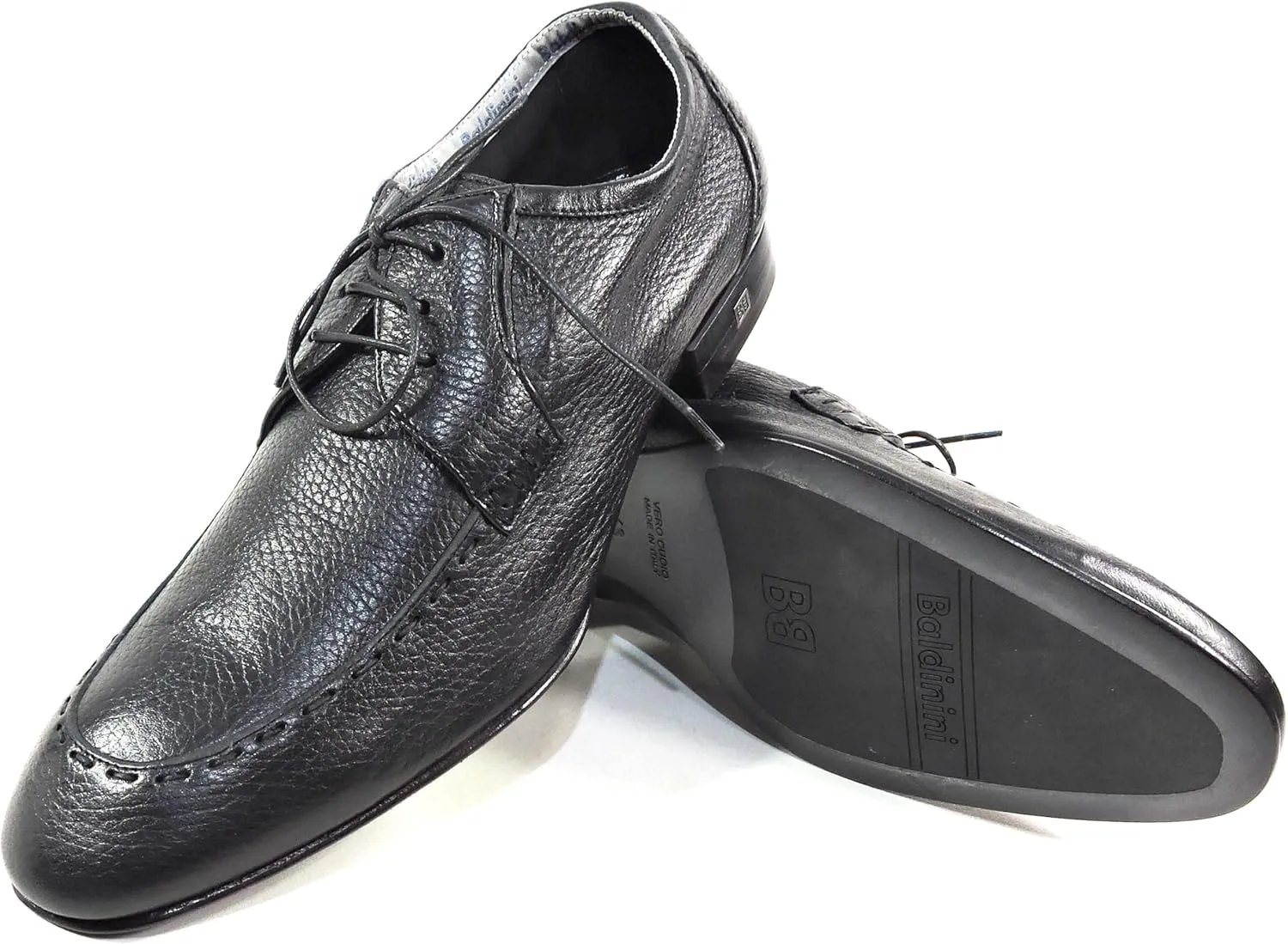 Baldinini Men's Black Leather Derby Dress Shoes, Comfort Moc-Toe Oxford, Italian Made