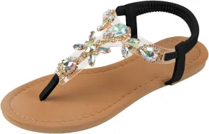 Beach Sandals for Women, Comfortable Orthopedic Sandals Thong Dressy T-Strap Orthotic Casual Summer Arch Support Sandals Rhinestone Bohemian Flat Sandals Dressy Casual Summer Sandals