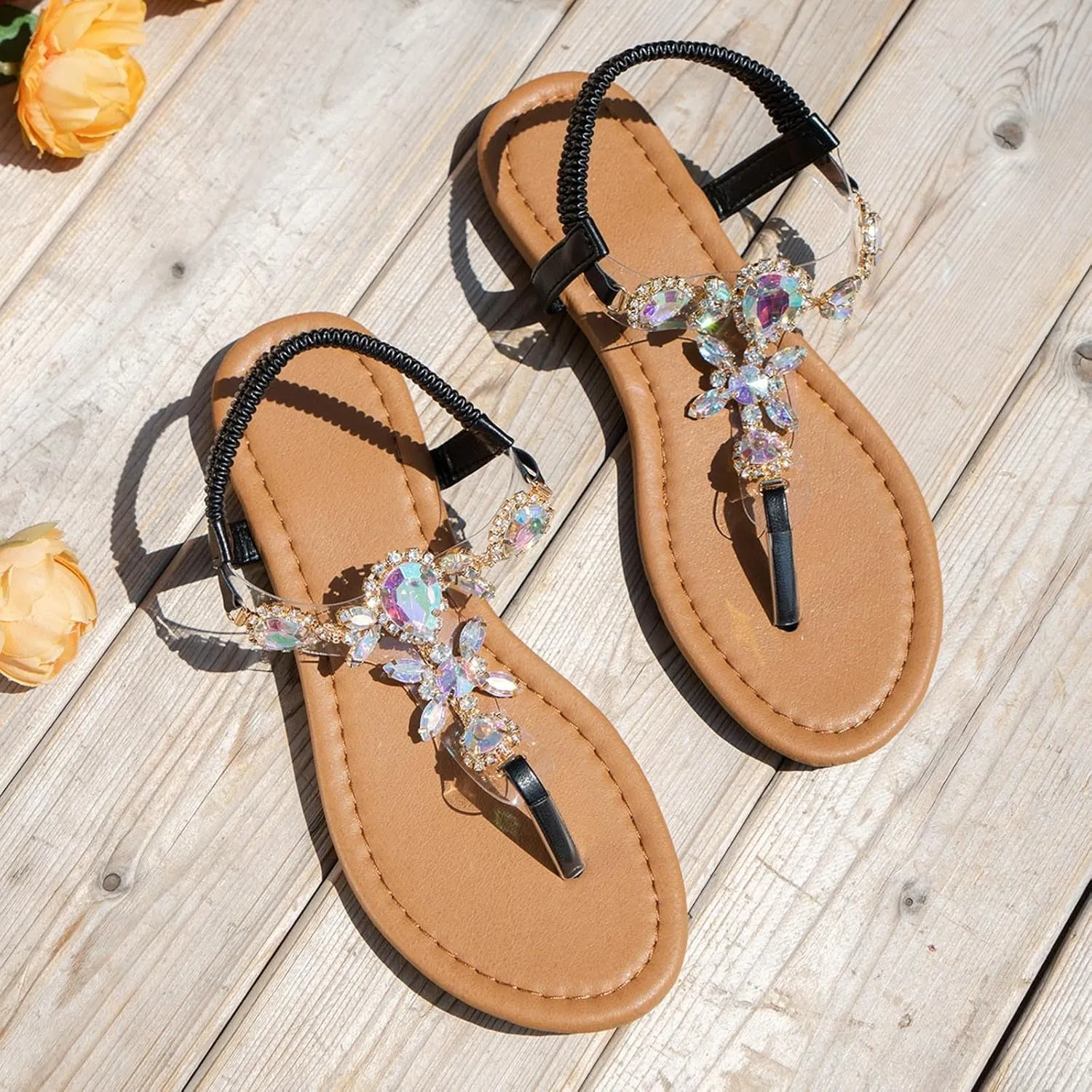 Beach Sandals for Women, Comfortable Orthopedic Sandals Thong Dressy T-Strap Orthotic Casual Summer Arch Support Sandals Rhinestone Bohemian Flat Sandals Dressy Casual Summer Sandals