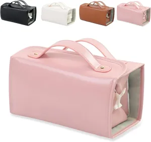 Binozinco Leather Waterproof Cosmetic Bag, Binozinco Cosmetic Bag, Leather Waterproof Multi Compartment Foldable Makeup Bags for Women, Portable Detachable Toiletry Bag with Magnetic Buckle (Pink)