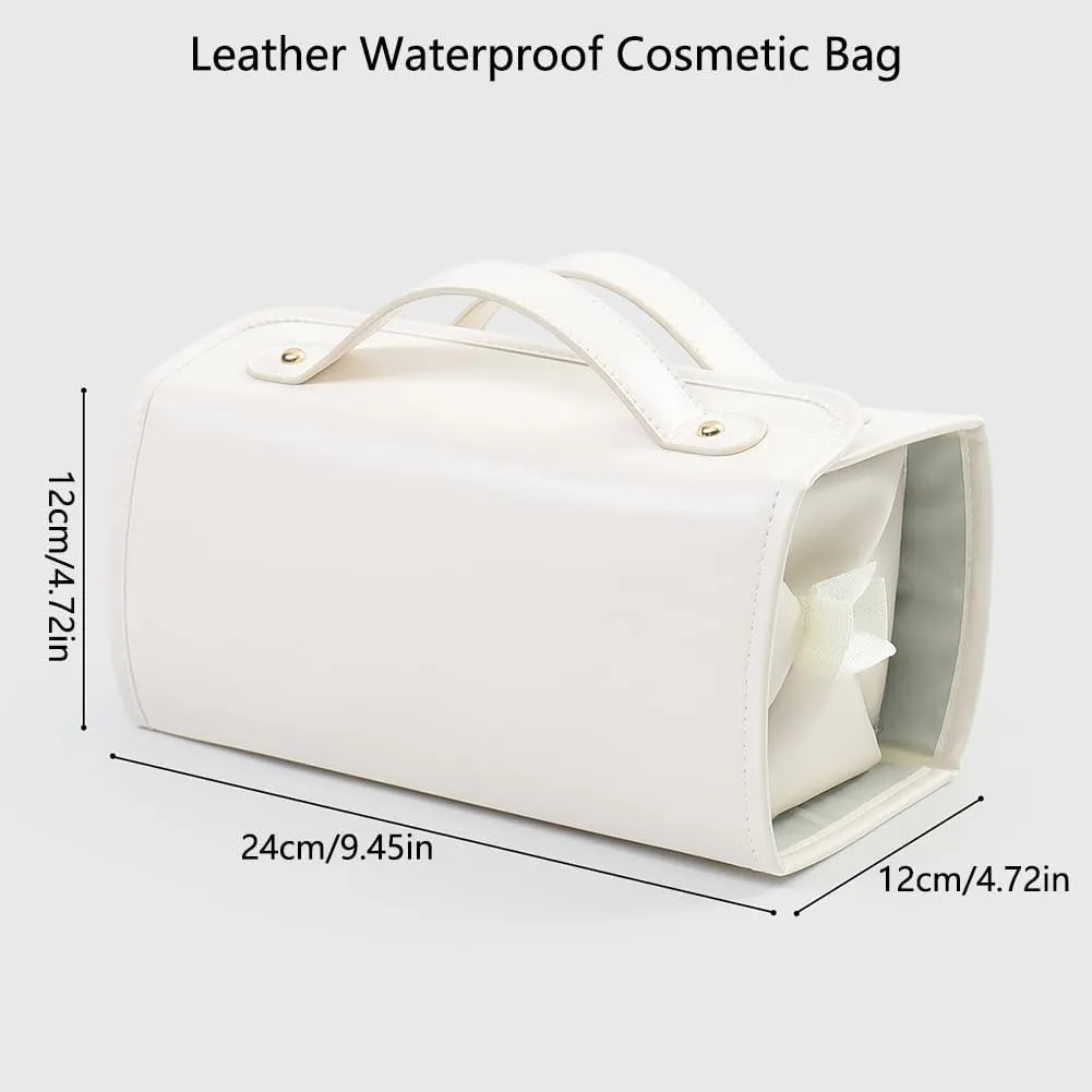 Binozinco Leather Waterproof Cosmetic Bag, Binozinco Cosmetic Bag, Leather Waterproof Multi Compartment Foldable Makeup Bags for Women, Portable Detachable Toiletry Bag with Magnetic Buckle (Pink)