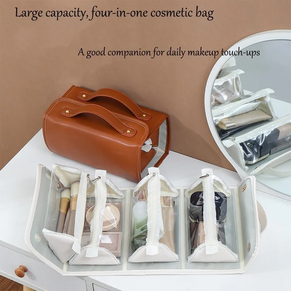 Binozinco Leather Waterproof Cosmetic Bag, Binozinco Cosmetic Bag, Leather Waterproof Multi Compartment Foldable Makeup Bags for Women, Portable Detachable Toiletry Bag with Magnetic Buckle (Pink)