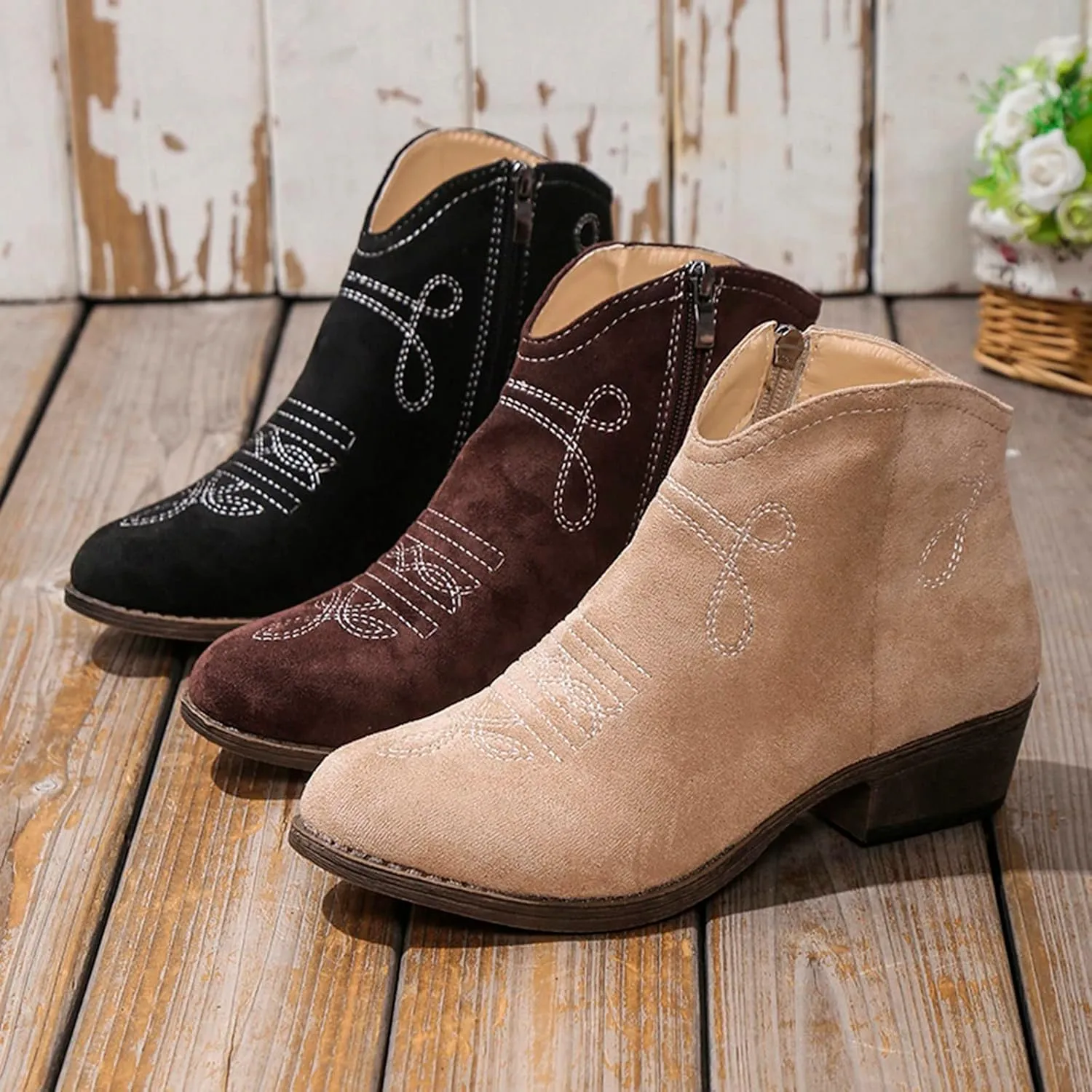 Black Boots for Women Ankle Boot Womens Flat Booties Mens Low Cut Boots Dress Shoes for Women Solid Color Comfy Casual Pump Closed Toe Stacked Heel
