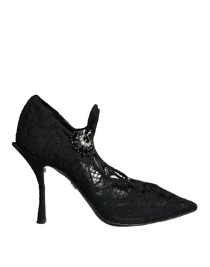 Black Mary Jane Pumps Lace Crystals Heels Shoes