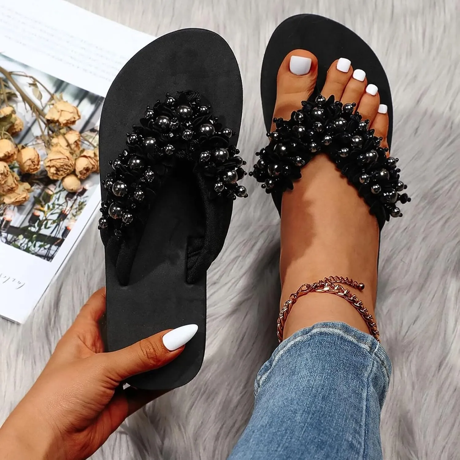 Black Sandals Women Flat, Women's Fashion Slippers Peep-Toe Summer Casual Clip Toe Beach Sandals Lace-Up Comfortable Cute Sandals