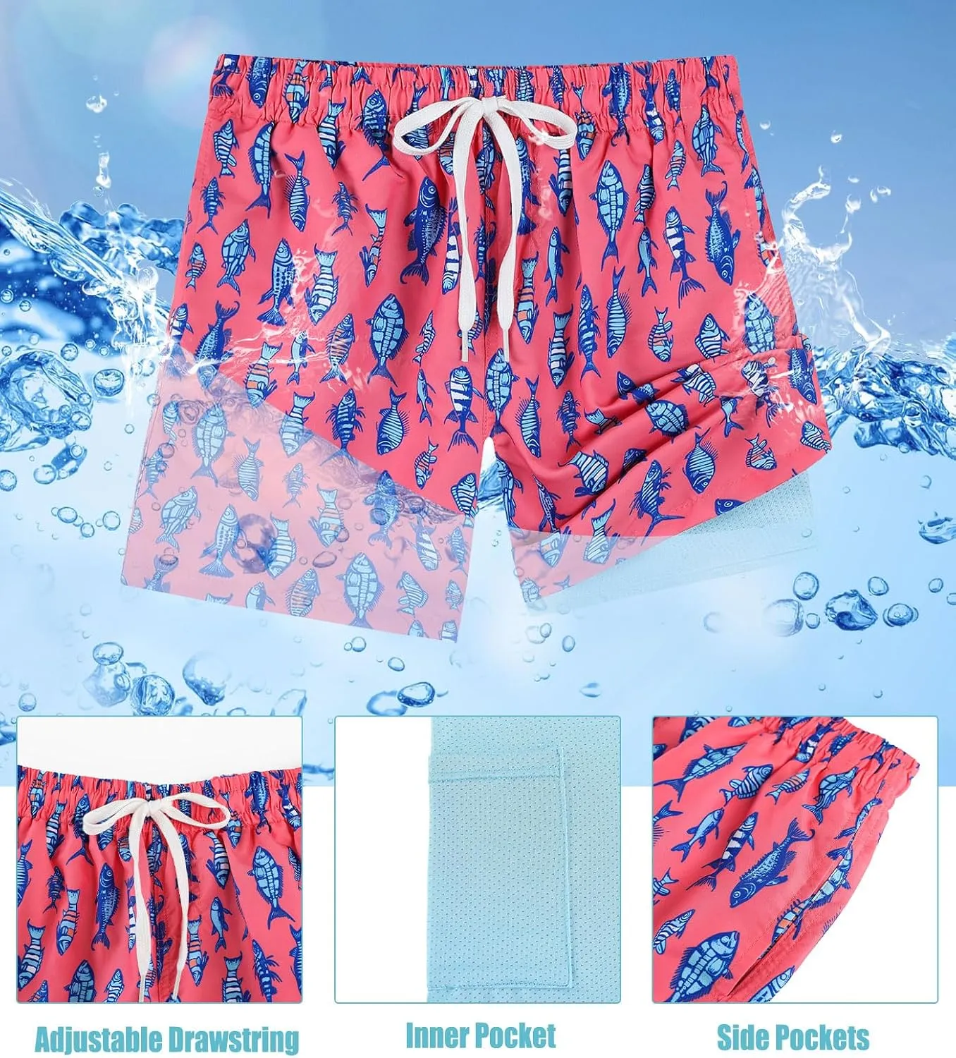 Boys Swim Trunks with Compression Liner Swim Shorts Kids Quick Dry Bathing Suit Boxer Brief Swimwear 6-20 Years