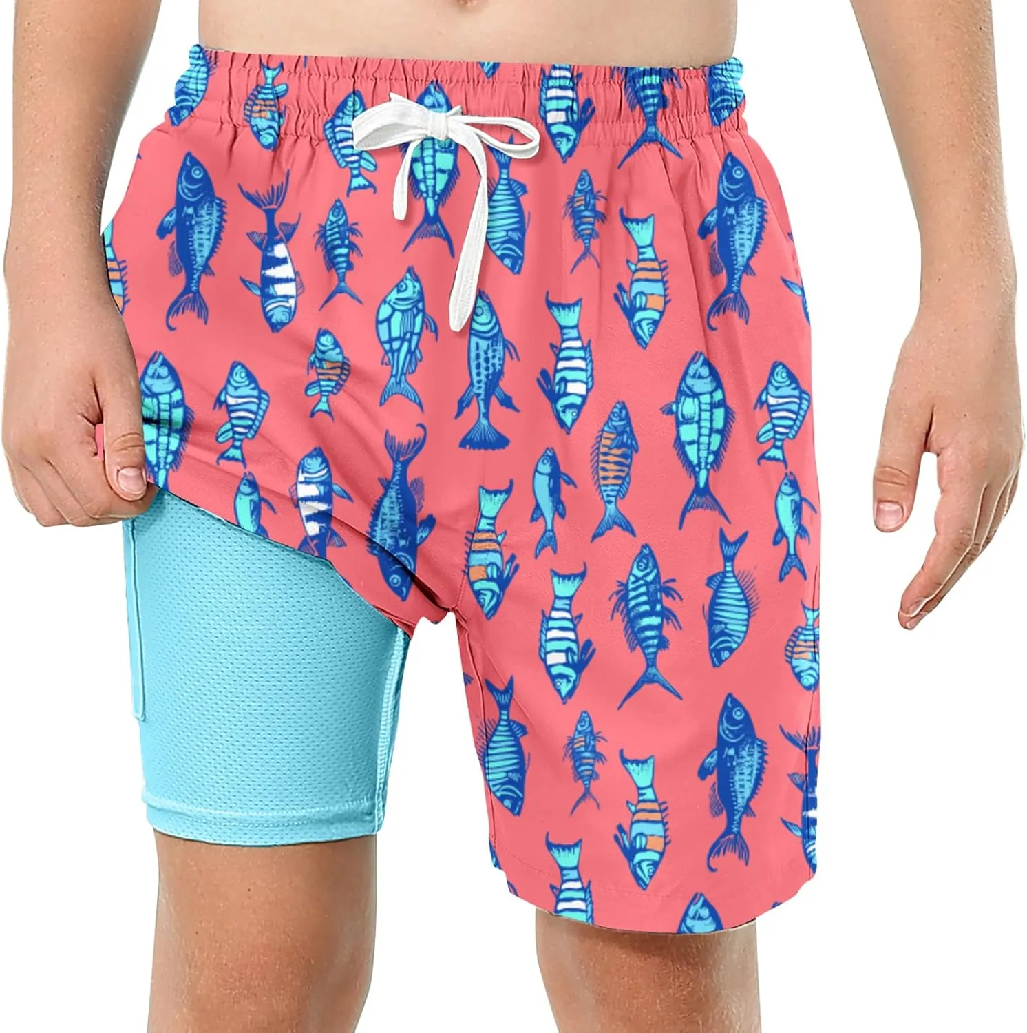 Boys Swim Trunks with Compression Liner Swim Shorts Kids Quick Dry Bathing Suit Boxer Brief Swimwear 6-20 Years
