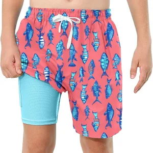 Boys Swim Trunks with Compression Liner Swim Shorts Kids Quick Dry Bathing Suit Boxer Brief Swimwear 6-20 Years