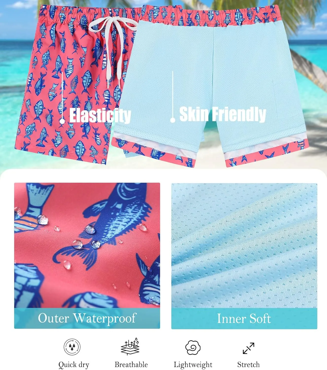 Boys Swim Trunks with Compression Liner Swim Shorts Kids Quick Dry Bathing Suit Boxer Brief Swimwear 6-20 Years