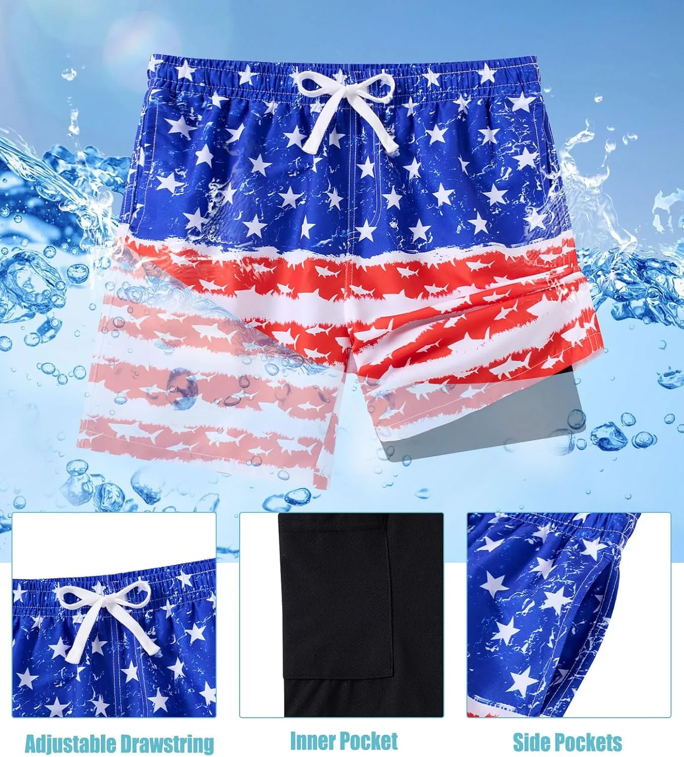 Boys Swim Trunks with Compression Liner Swim Shorts Kids Quick Dry Bathing Suit Boxer Brief Swimwear 6-20 Years