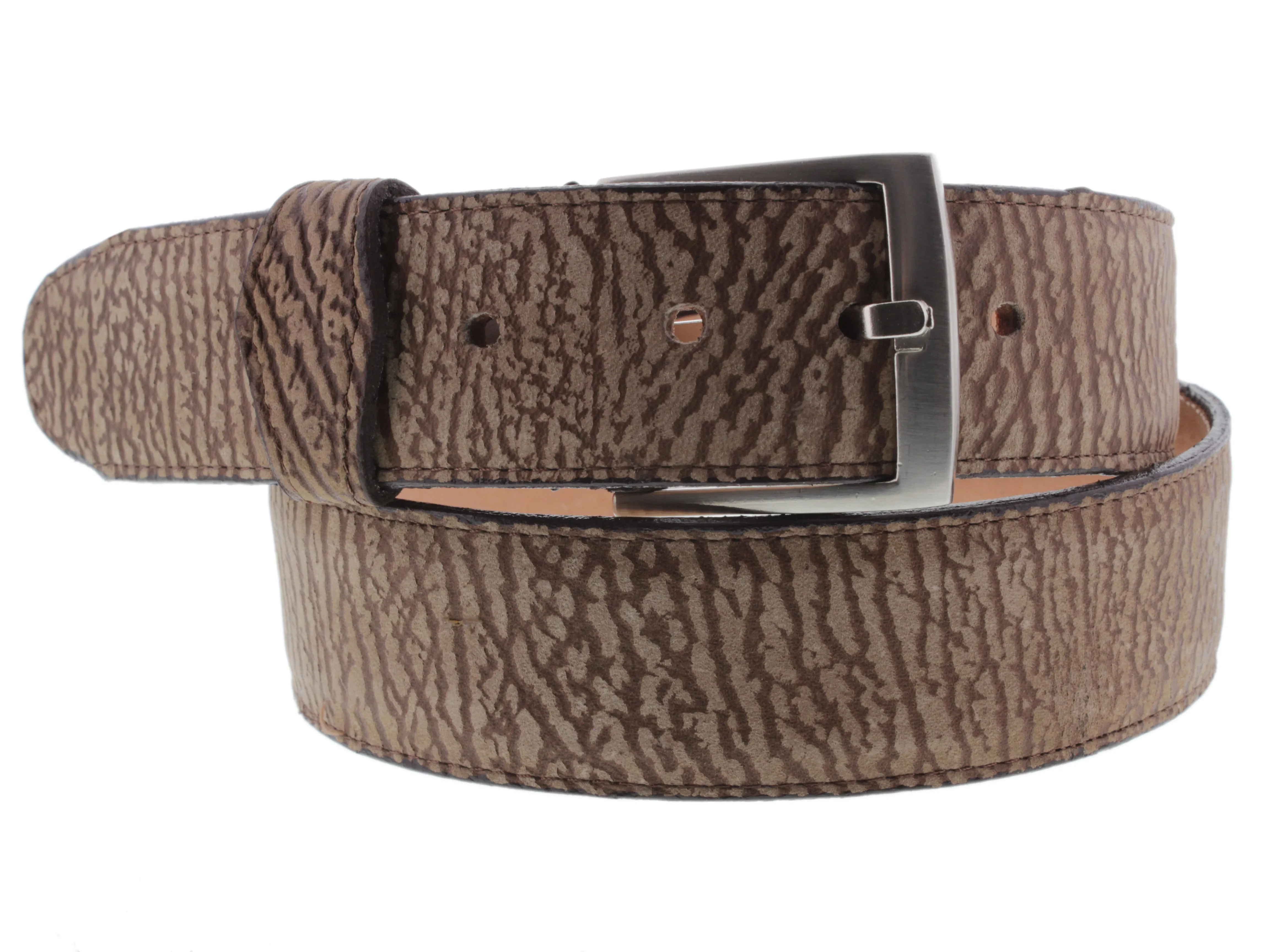 Brown Western Cowboy Belt Shark Print Leather - Silver Buckle
