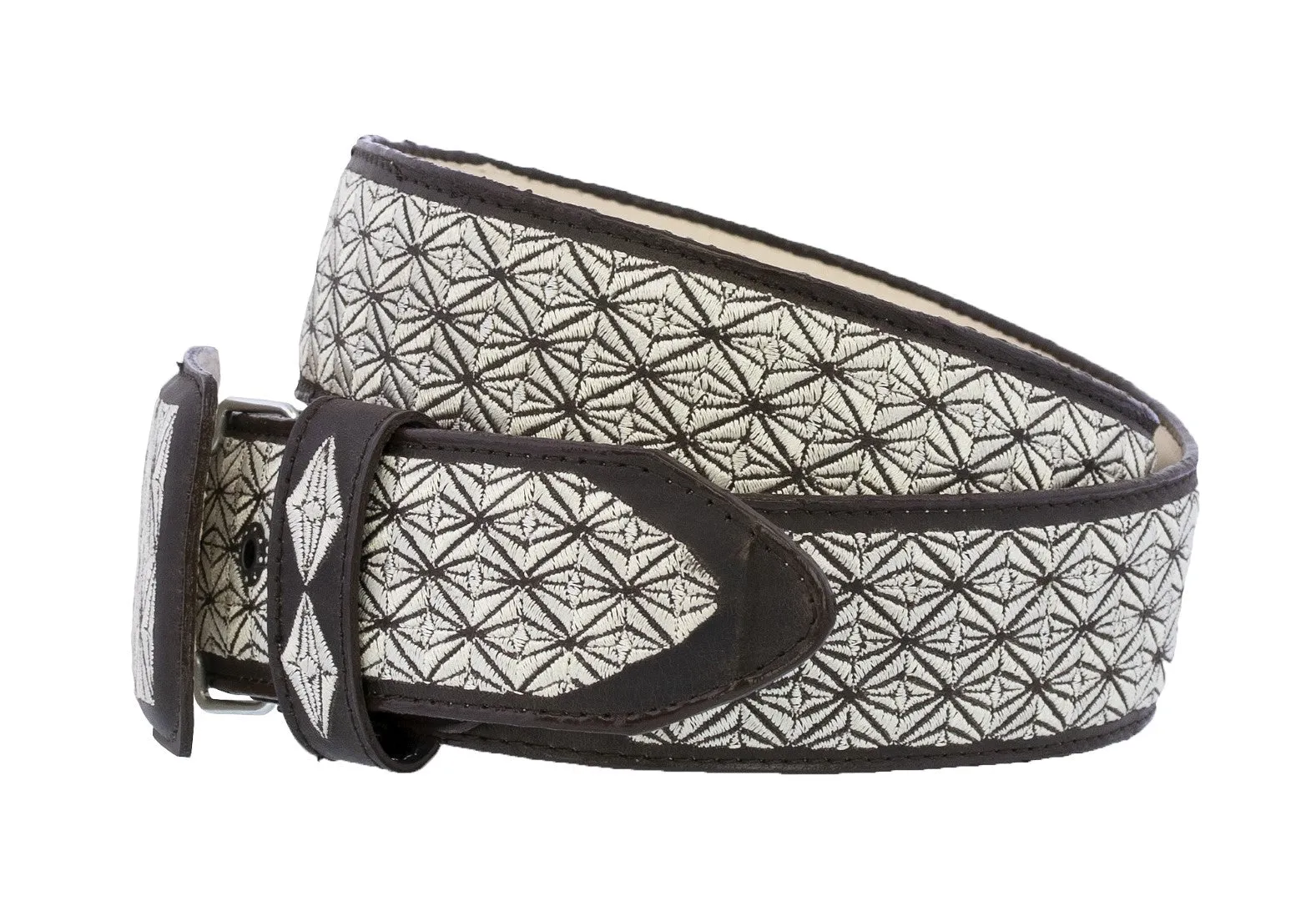 Brown Western Cowboy Leather Belt Embroidered - Rodeo Buckle