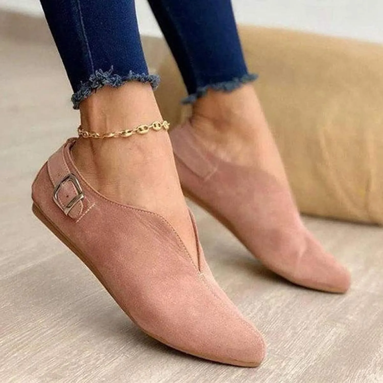 Buckle Pointed Flock Shoes Loafers Strap Toe Women's Summer Casual Women's Casual Shoes Casual Soccer Shoes