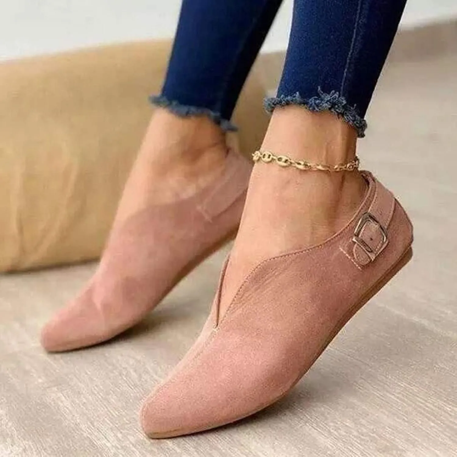 Buckle Pointed Flock Shoes Loafers Strap Toe Women's Summer Casual Women's Casual Shoes Casual Soccer Shoes